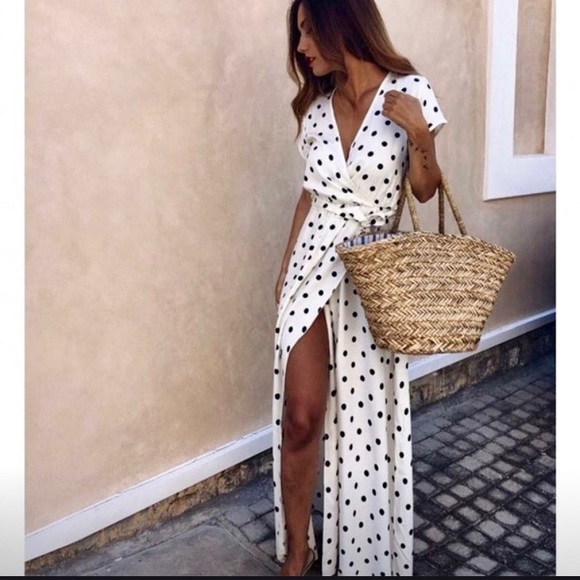 Long vintage polka dot frock with belt